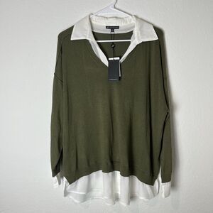 NWT Adriana Appel Mixed Media Long Sleeve Shirt V Neck Green XL 216
